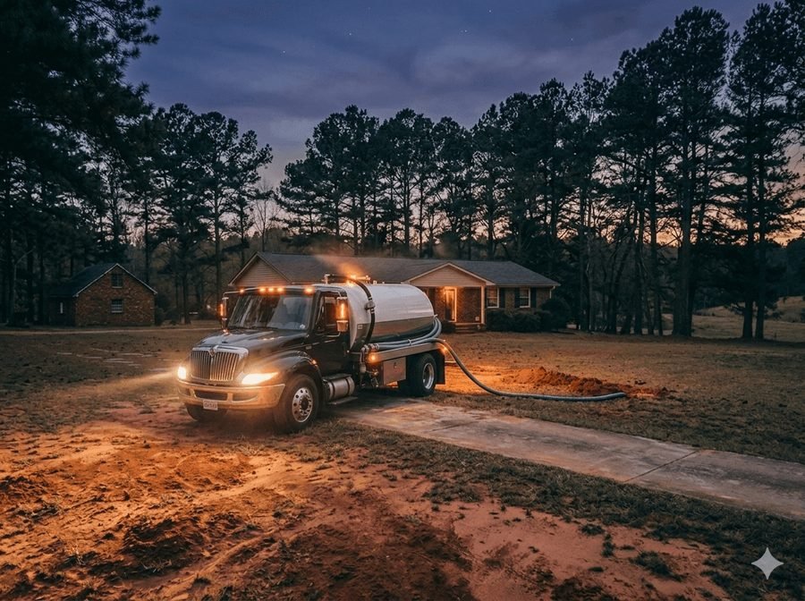 Gray Septic truck on an emergency night call